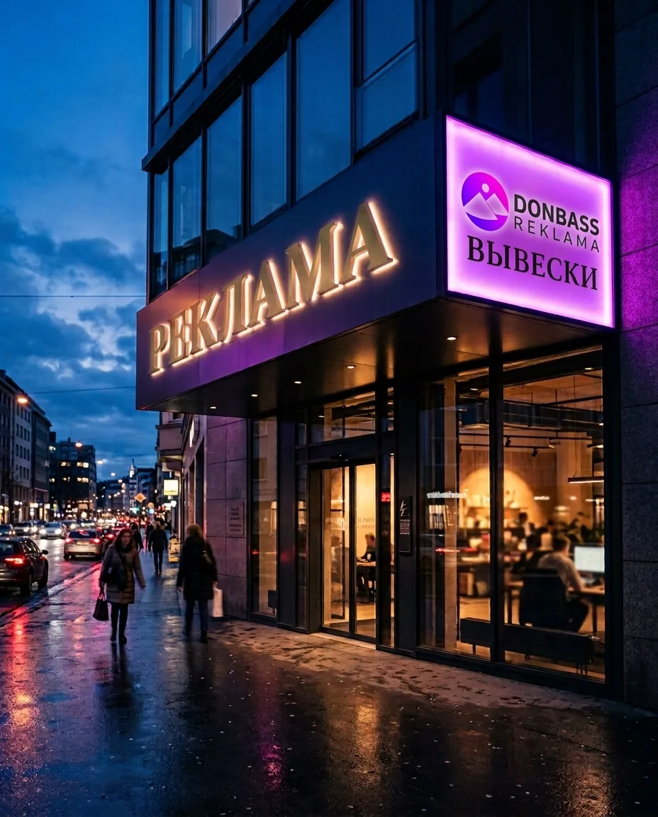 Светящаяся вывеска «Реклама» на фасаде здания в сумерках